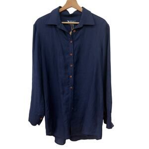 Poeta 100% Linen Navy Button Down Tunic Shirt XL Relaxed Coastal Minimal